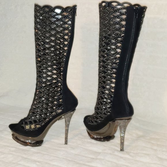 Fantasia Cutout Genuine Suede Rhinestone Boot 6" Heel Knee Boots - Picture 8 of 12